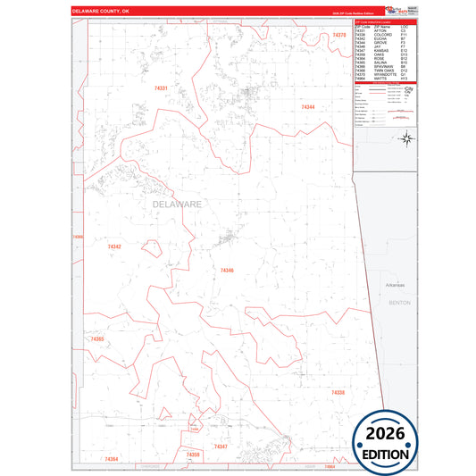 Delaware County, OK Red Line 5 Digit ZIP Code Wall Map
