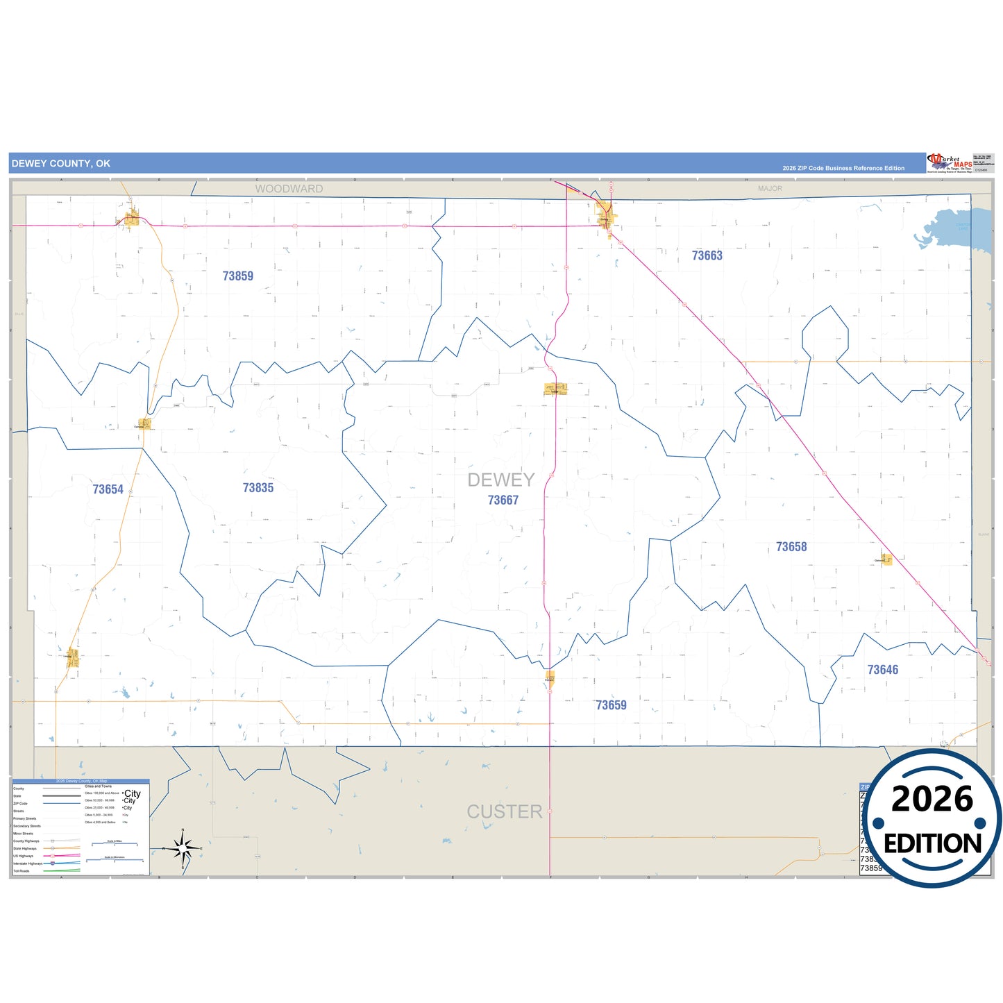 Dewey County, OK Business Reference 5 Digit ZIP Code Wall Map