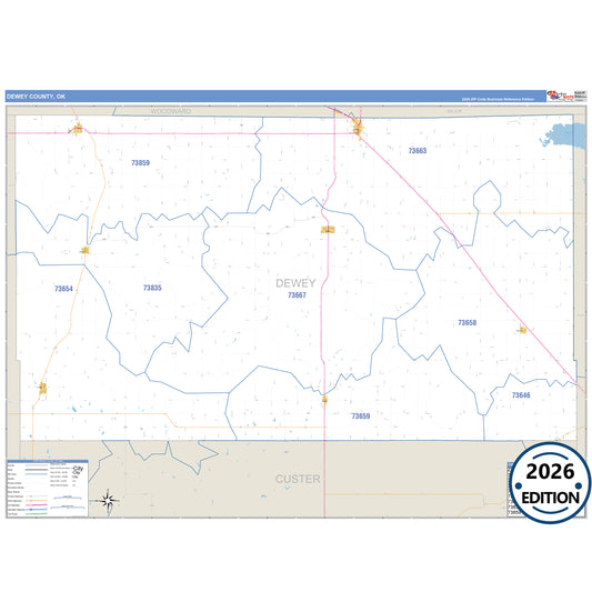 Dewey County, OK Business Reference 5 Digit ZIP Code Wall Map