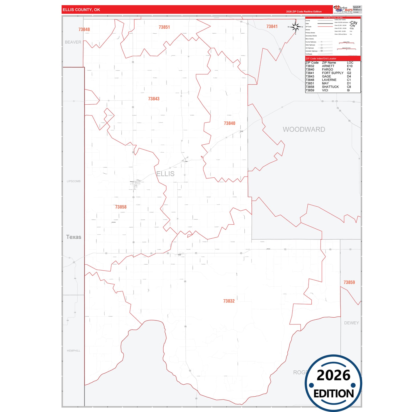 Ellis County, OK Red Line 5 Digit ZIP Code Wall Map