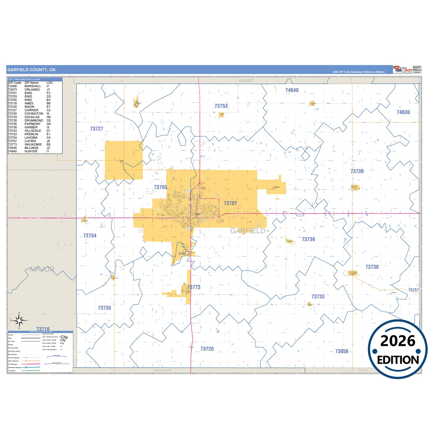 Garfield County, OK Business Reference 5 Digit ZIP Code Wall Map