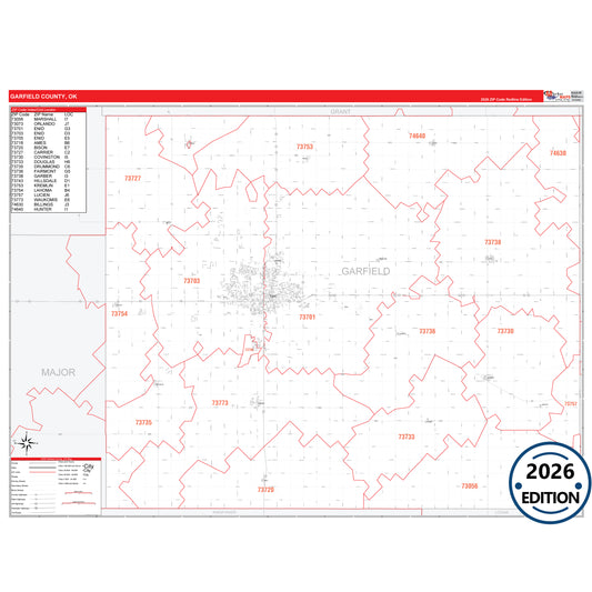 Garfield County, OK Red Line 5 Digit ZIP Code Wall Map