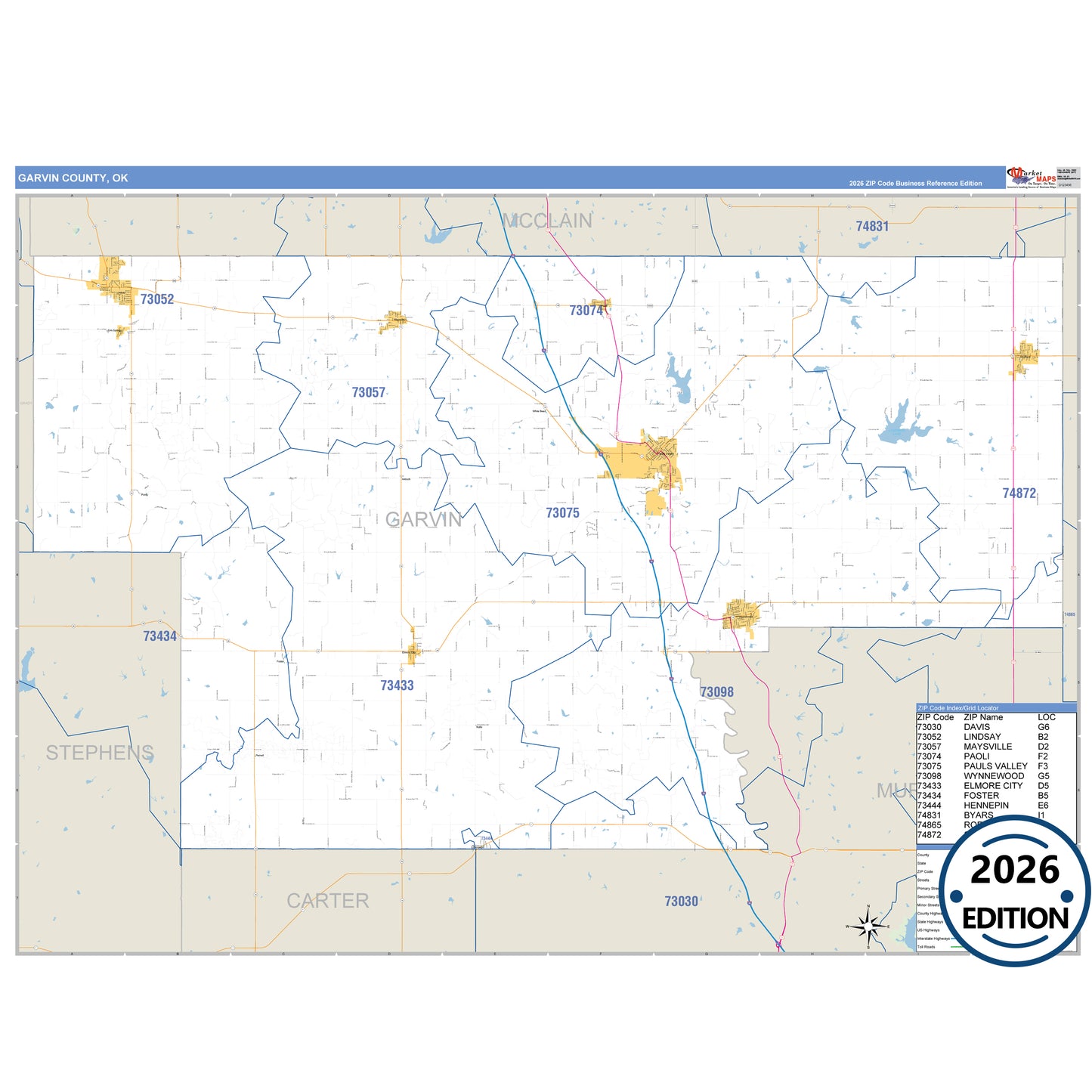 Garvin County, OK Business Reference 5 Digit ZIP Code Wall Map