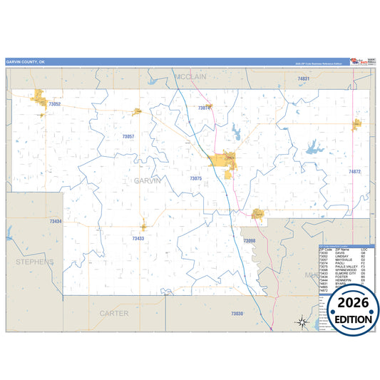 Garvin County, OK Business Reference 5 Digit ZIP Code Wall Map