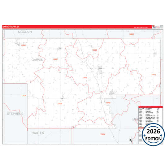 Garvin County, OK Red Line 5 Digit ZIP Code Wall Map