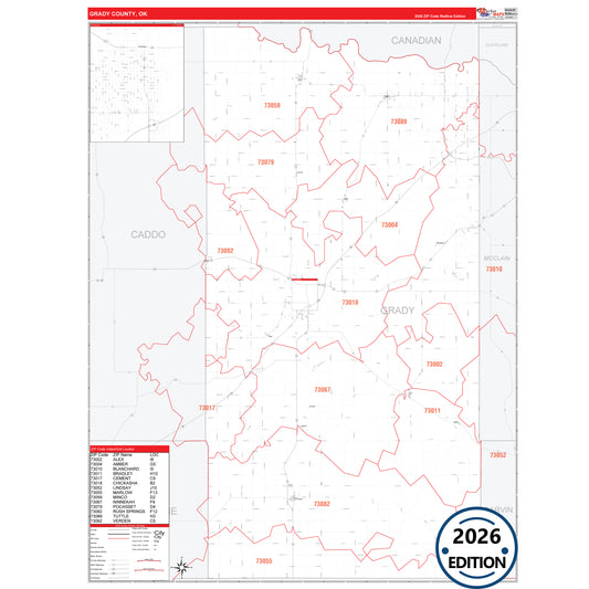 Grady County, OK Red Line 5 Digit ZIP Code Wall Map