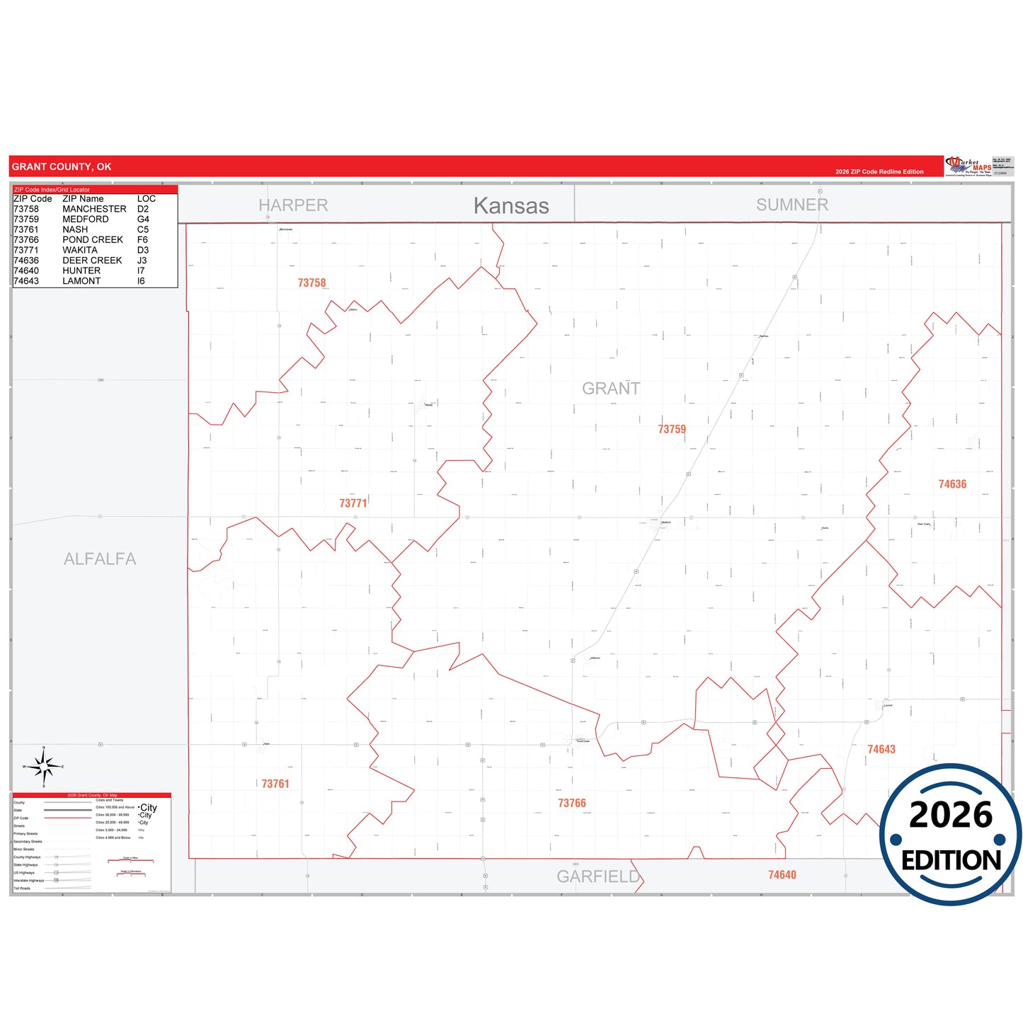 Grant County, OK Red Line 5 Digit ZIP Code Wall Map