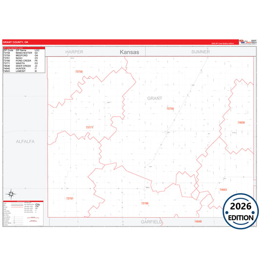 Grant County, OK Red Line 5 Digit ZIP Code Wall Map