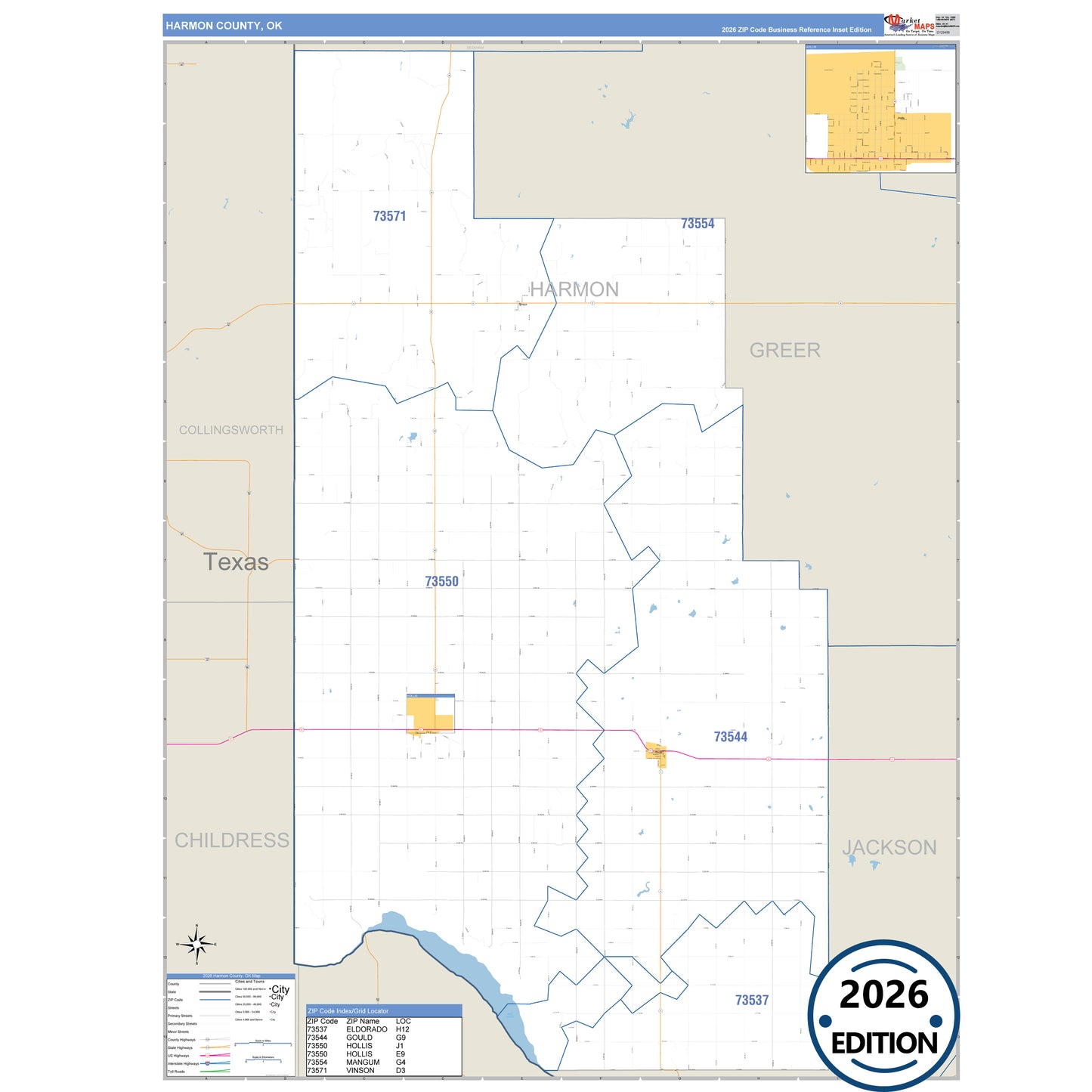 Harmon County, OK Business Reference 5 Digit ZIP Code Wall Map
