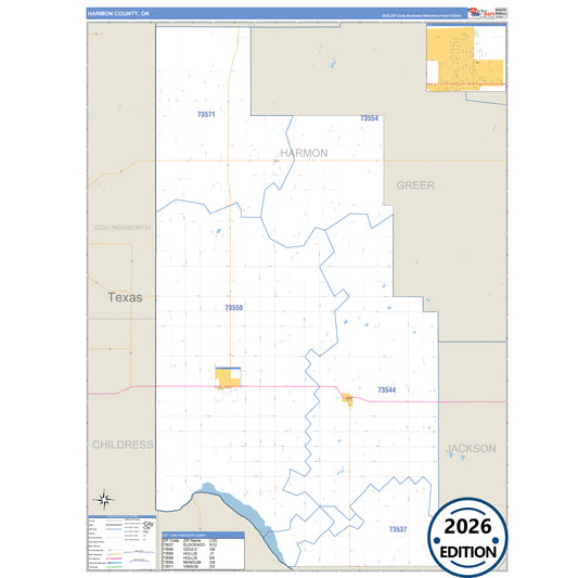 Harmon County, OK Business Reference 5 Digit ZIP Code Wall Map