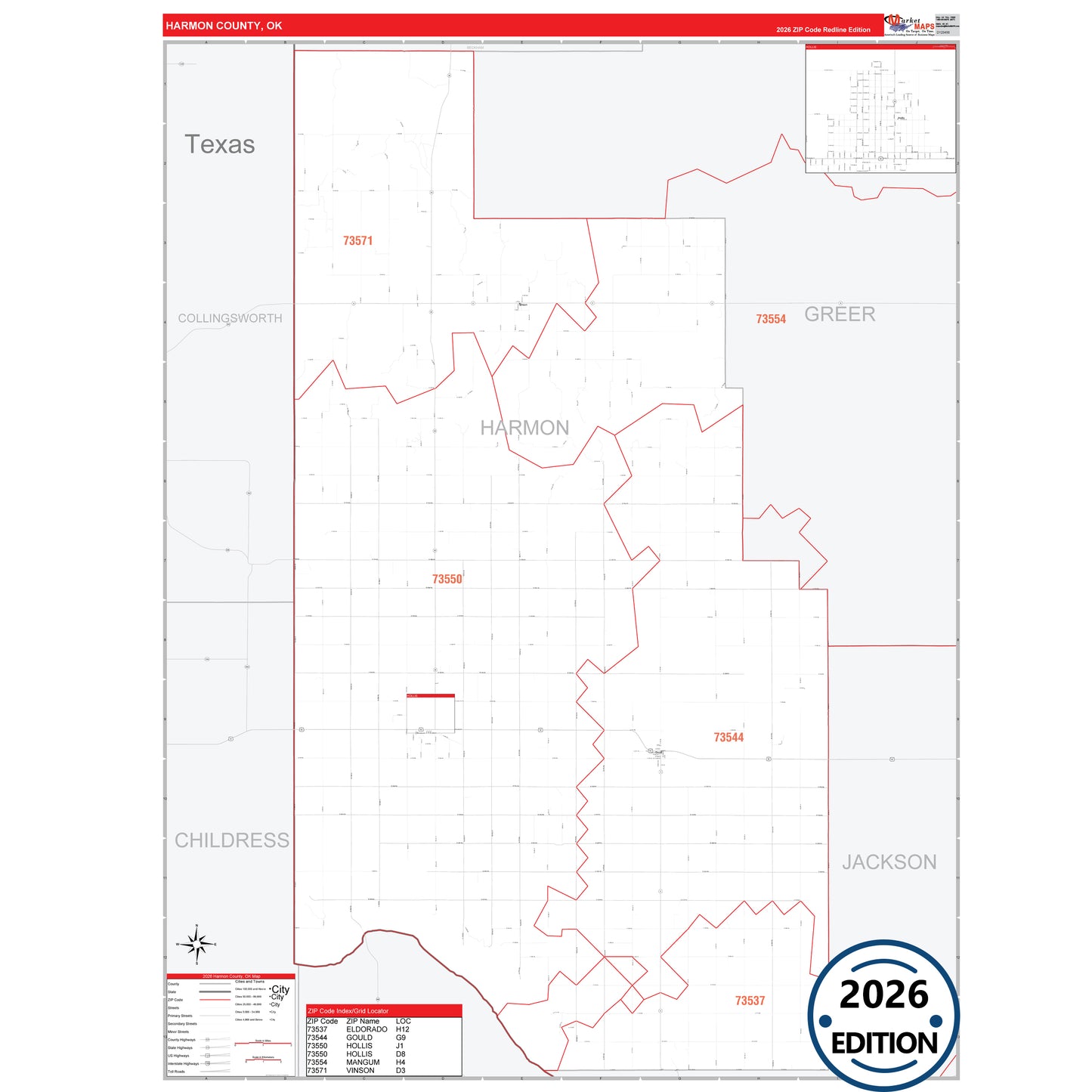 Harmon County, OK Red Line 5 Digit ZIP Code Wall Map