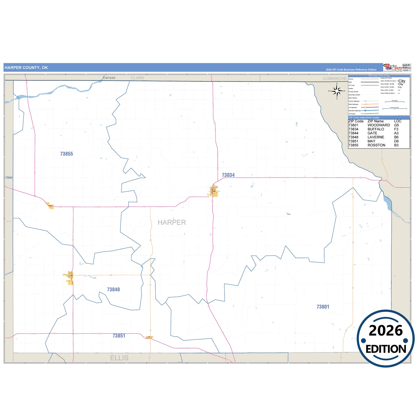 Harper County, OK Business Reference 5 Digit ZIP Code Wall Map