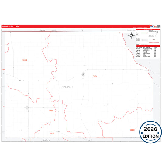 Harper County, OK Red Line 5 Digit ZIP Code Wall Map