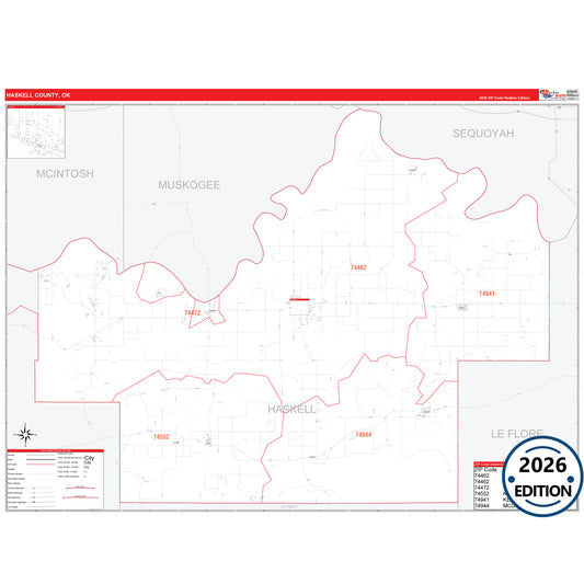 Haskell County, OK Red Line 5 Digit ZIP Code Wall Map
