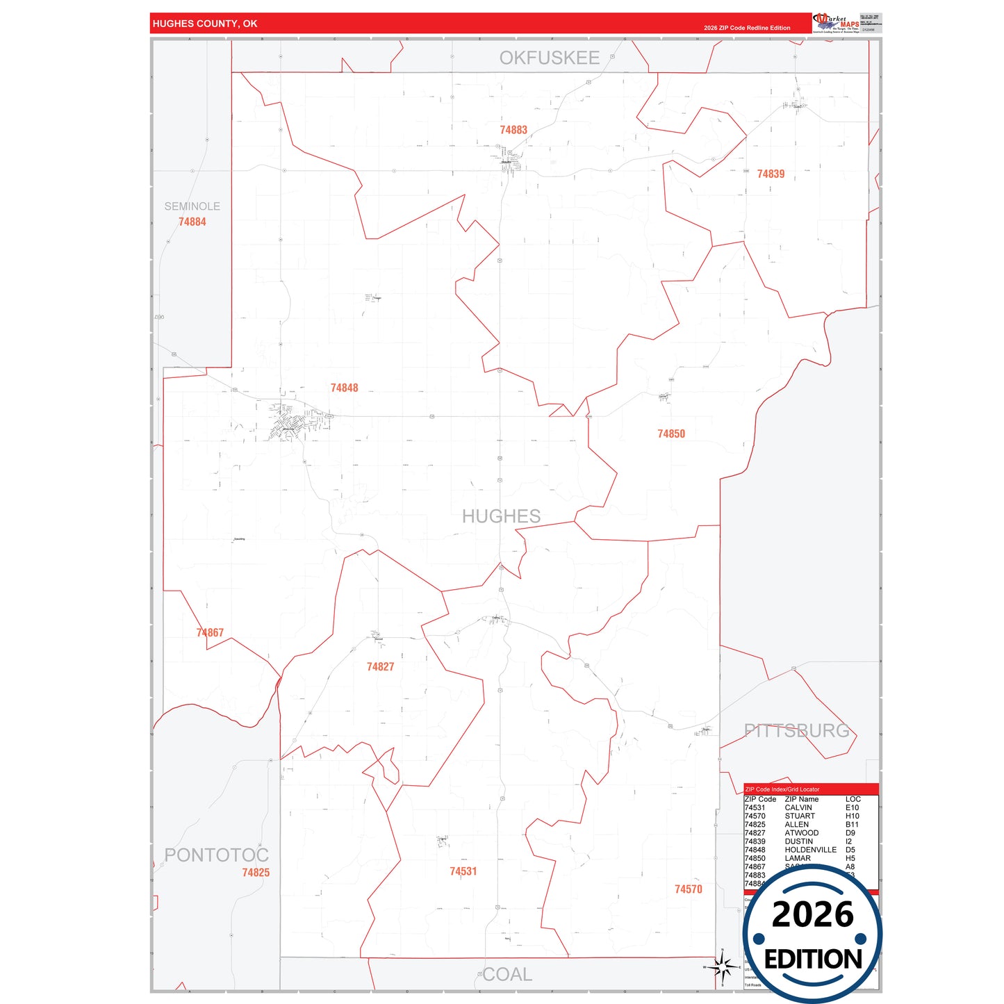 Hughes County, OK Red Line 5 Digit ZIP Code Wall Map