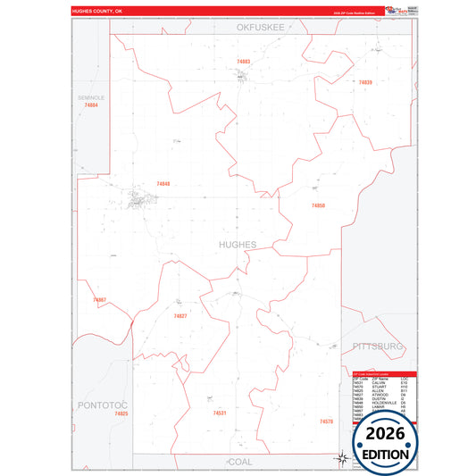 Hughes County, OK Red Line 5 Digit ZIP Code Wall Map