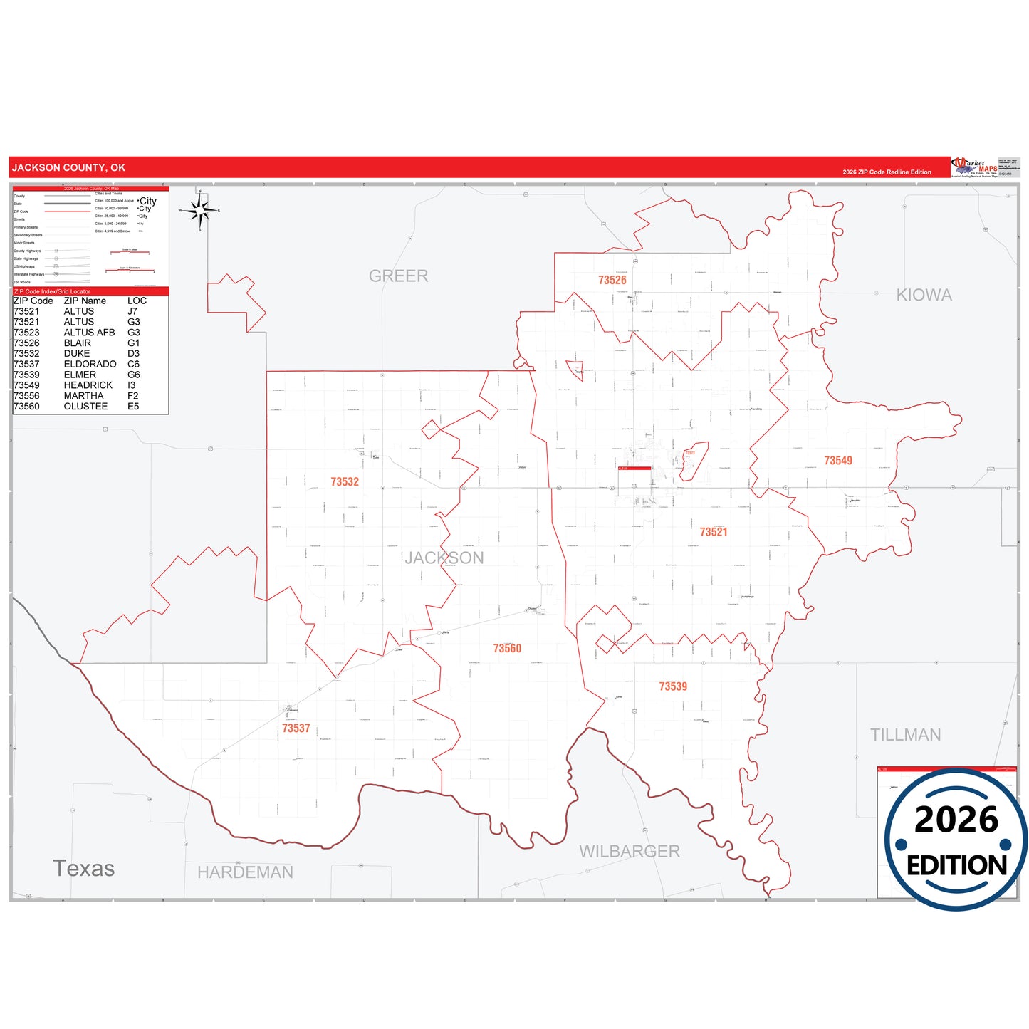 Jackson County, OK Red Line 5 Digit ZIP Code Wall Map