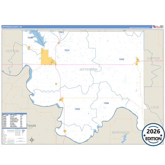 Jefferson County, OK Business Reference 5 Digit ZIP Code Wall Map