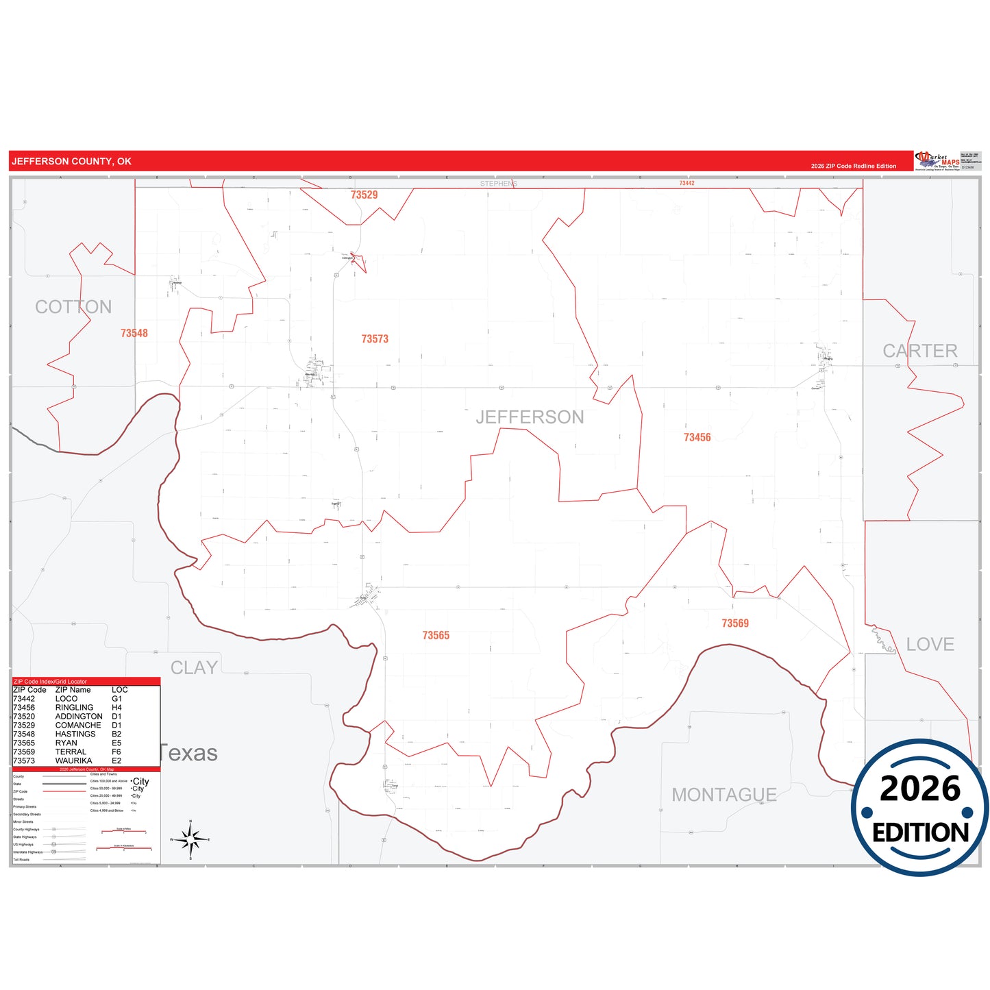 Jefferson County, OK Red Line 5 Digit ZIP Code Wall Map
