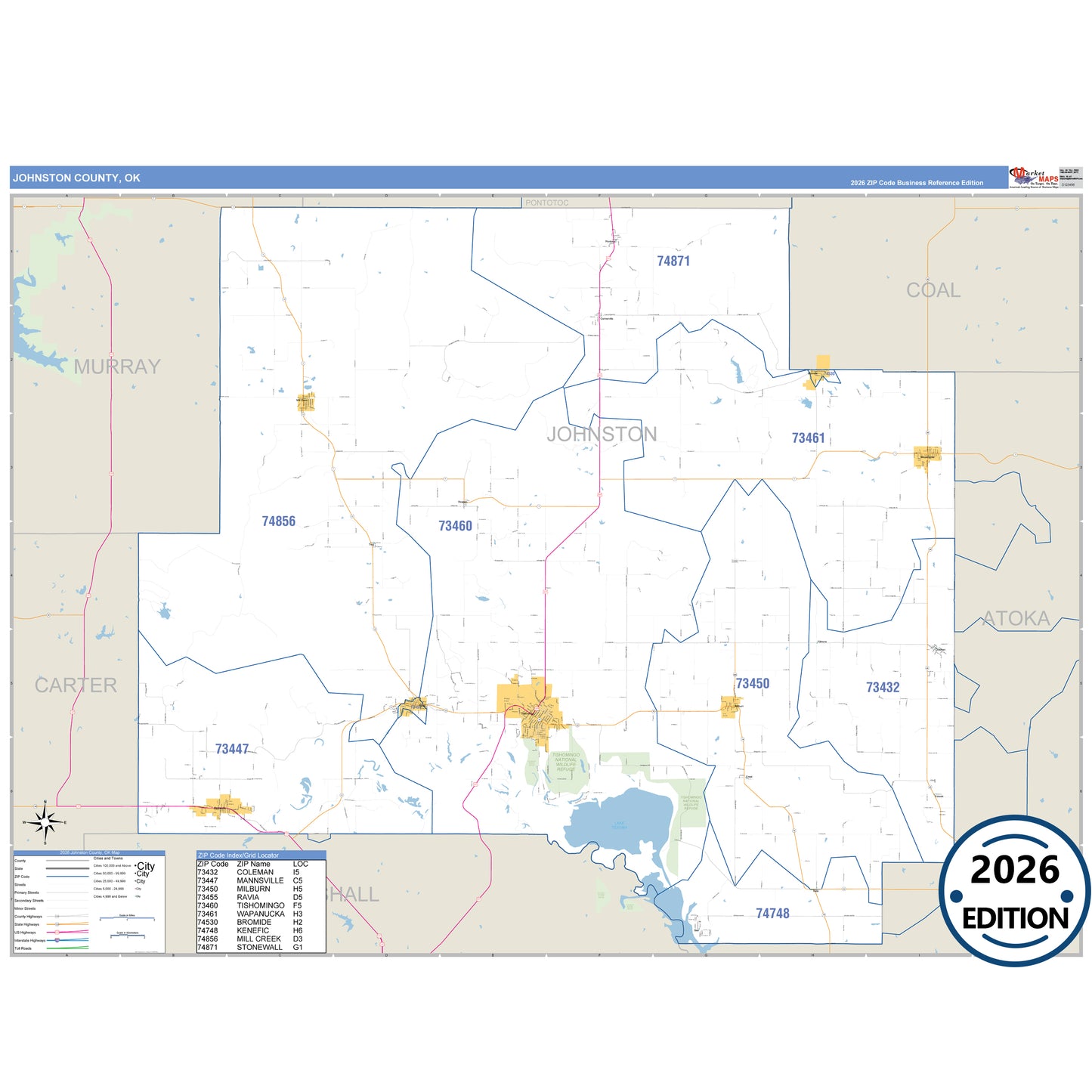 Johnston County, OK Business Reference 5 Digit ZIP Code Wall Map
