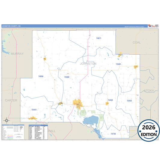 Johnston County, OK Business Reference 5 Digit ZIP Code Wall Map