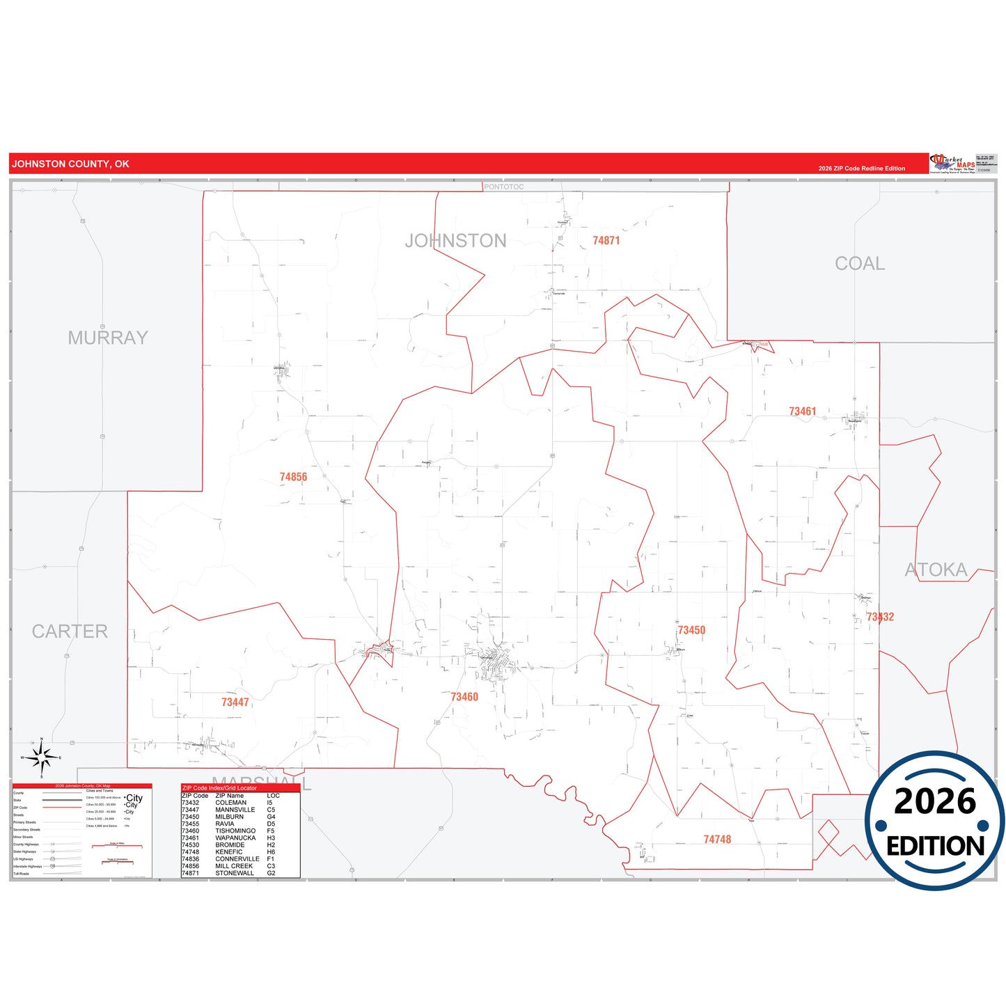 Johnston County, OK Red Line 5 Digit ZIP Code Wall Map