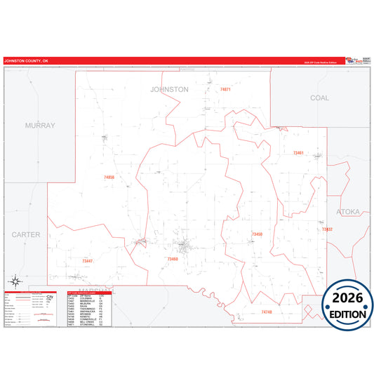 Johnston County, OK Red Line 5 Digit ZIP Code Wall Map