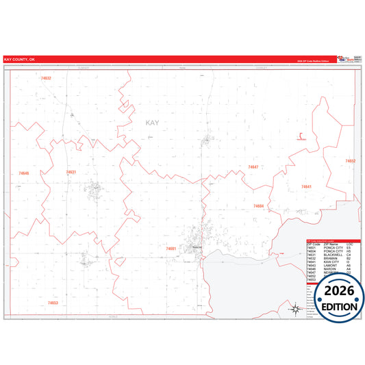 Kay County, OK Red Line 5 Digit ZIP Code Wall Map