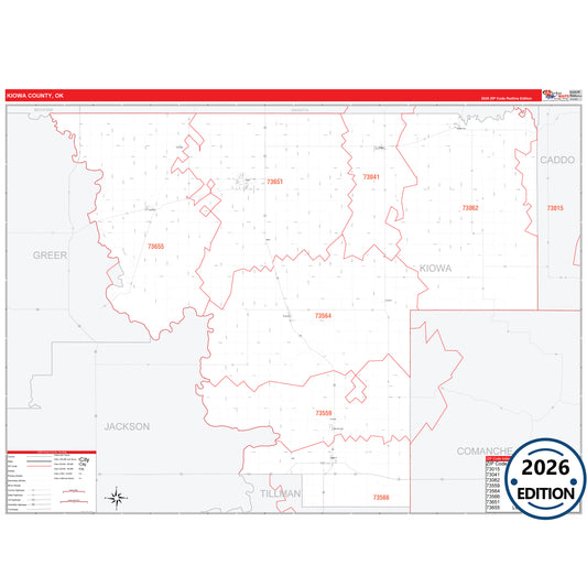 Kiowa County, OK Red Line 5 Digit ZIP Code Wall Map