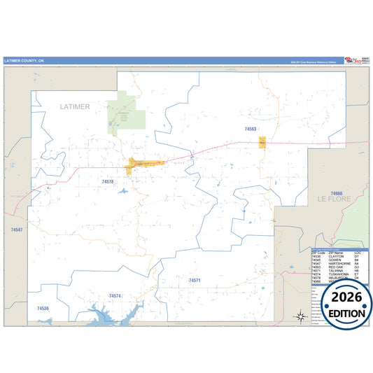 Latimer County, OK Business Reference 5 Digit ZIP Code Wall Map