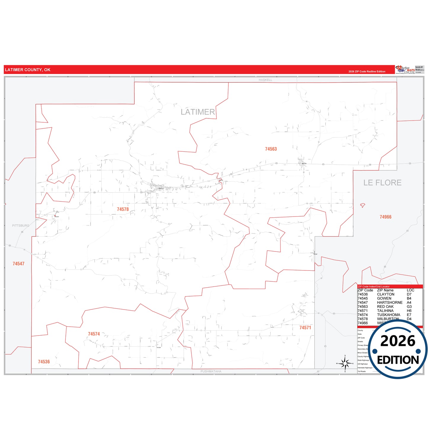Latimer County, OK Red Line 5 Digit ZIP Code Wall Map