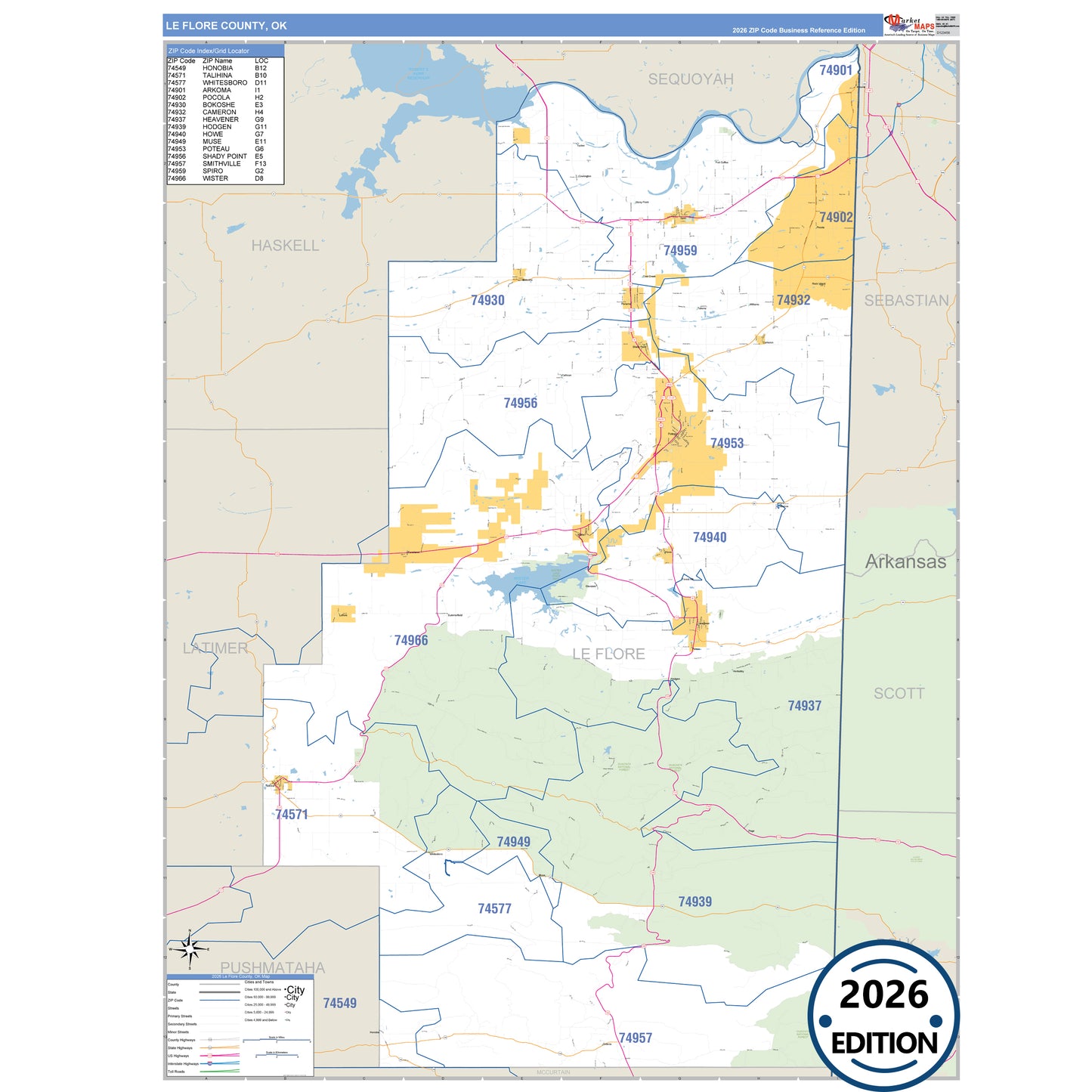 Le Flore County, OK Business Reference 5 Digit ZIP Code Wall Map