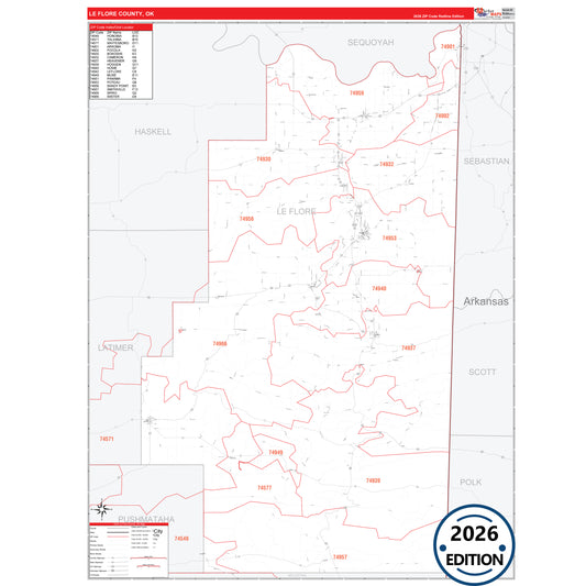 Le Flore County, OK Red Line 5 Digit ZIP Code Wall Map