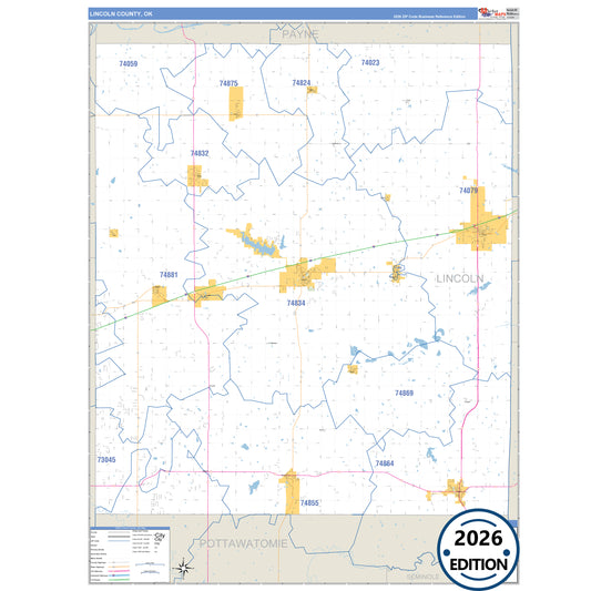 Lincoln County, OK Business Reference 5 Digit ZIP Code Wall Map