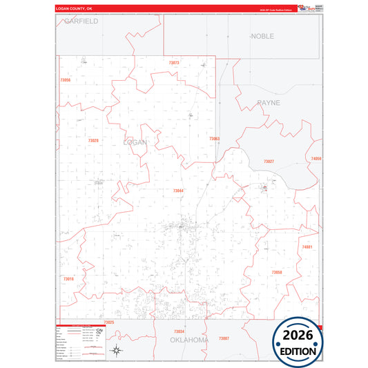Logan County, OK Red Line 5 Digit ZIP Code Wall Map