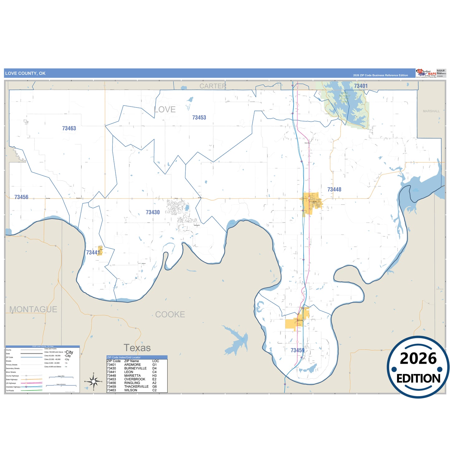 Love County, OK Business Reference 5 Digit ZIP Code Wall Map