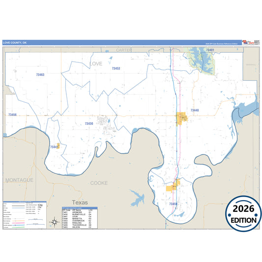 Love County, OK Business Reference 5 Digit ZIP Code Wall Map
