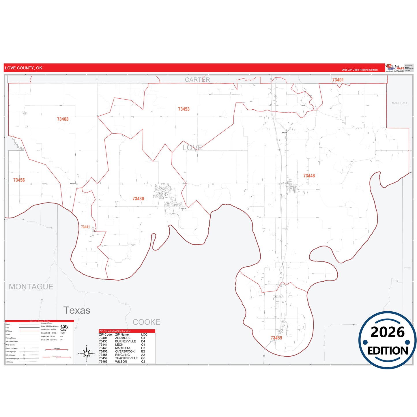 Love County, OK Red Line 5 Digit ZIP Code Wall Map