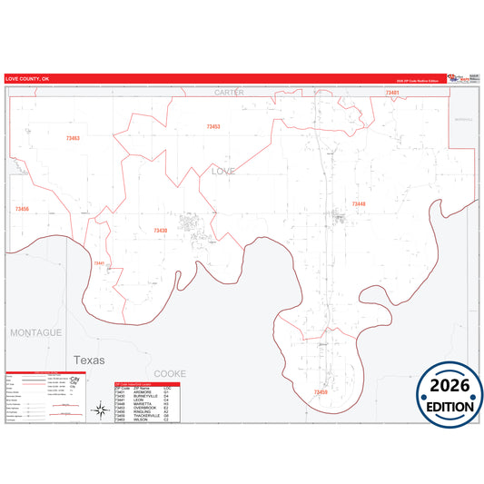 Love County, OK Red Line 5 Digit ZIP Code Wall Map