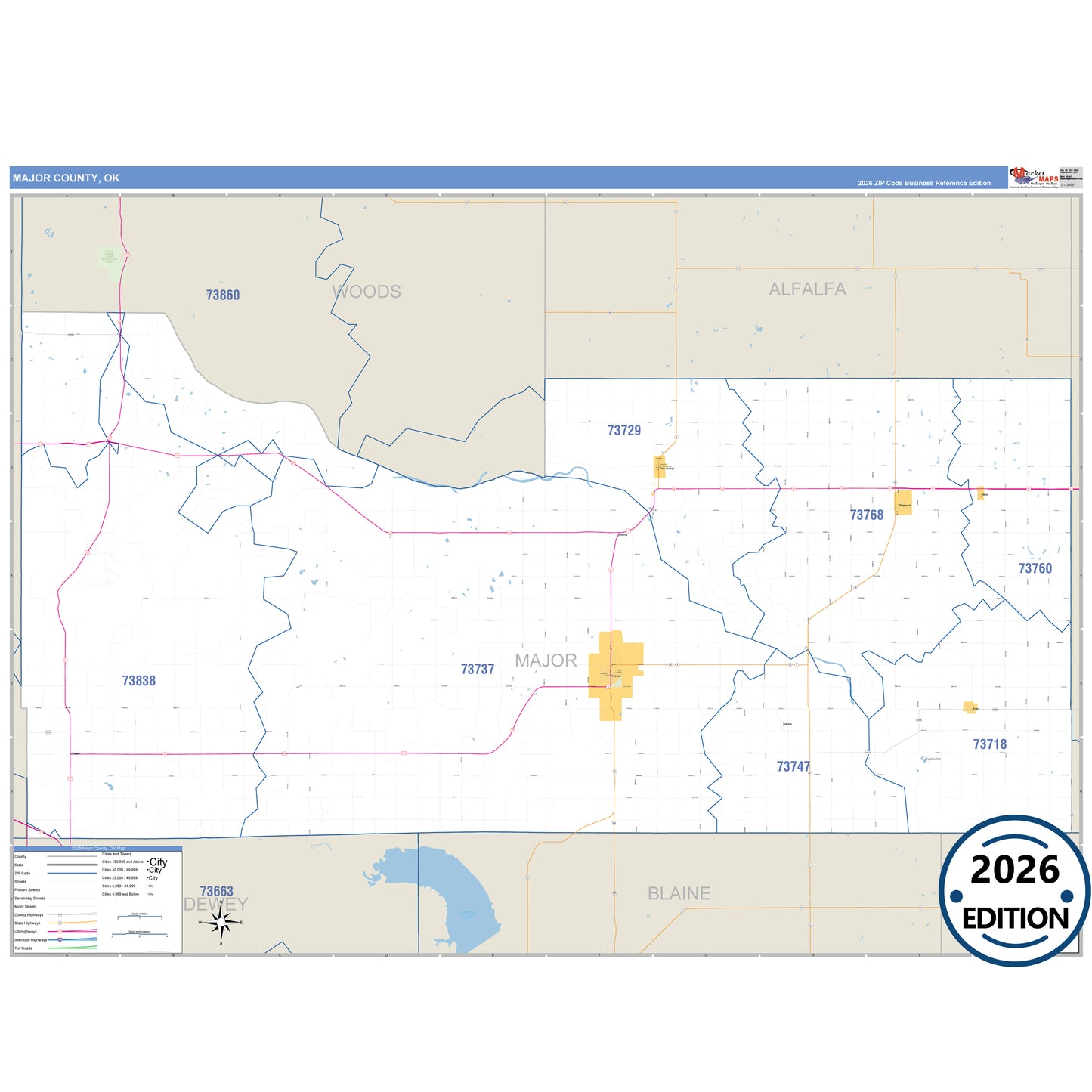 Major County, OK Business Reference 5 Digit ZIP Code Wall Map