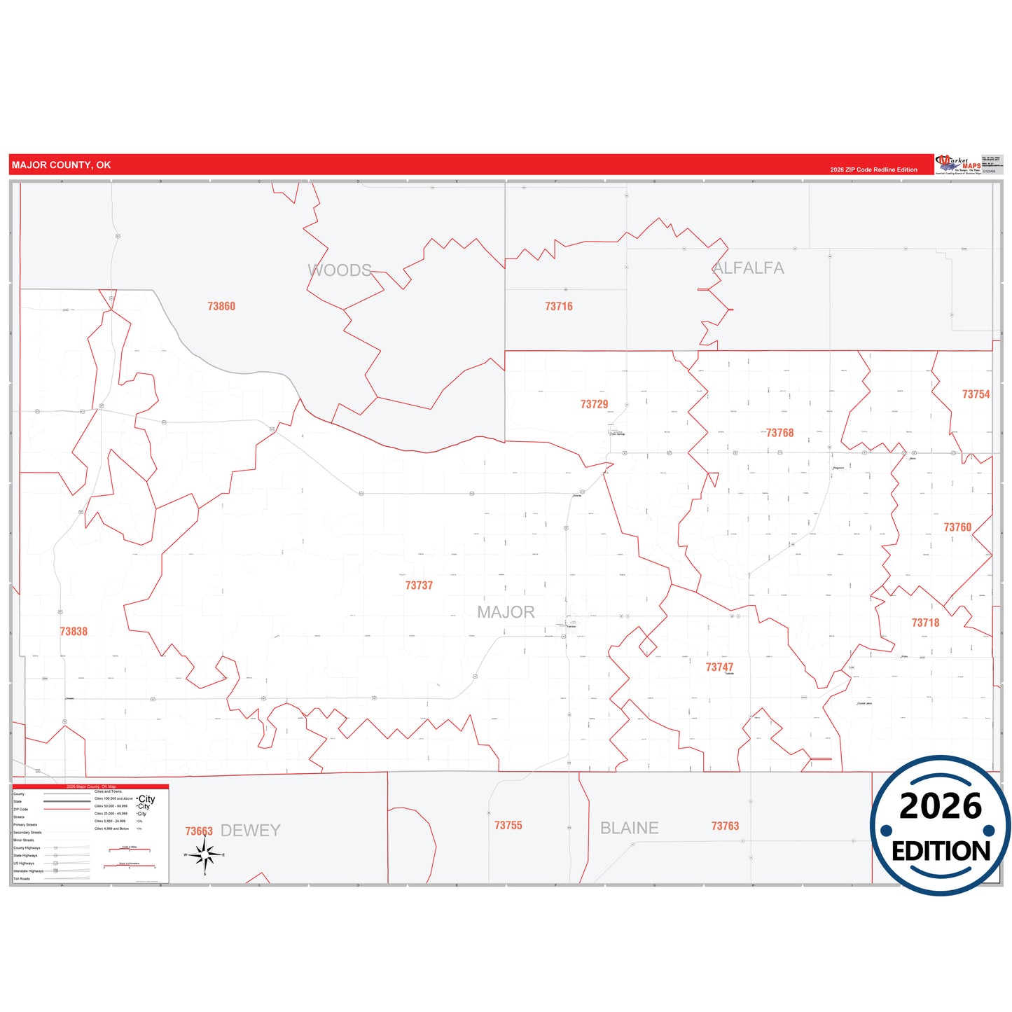 Major County, OK Red Line 5 Digit ZIP Code Wall Map