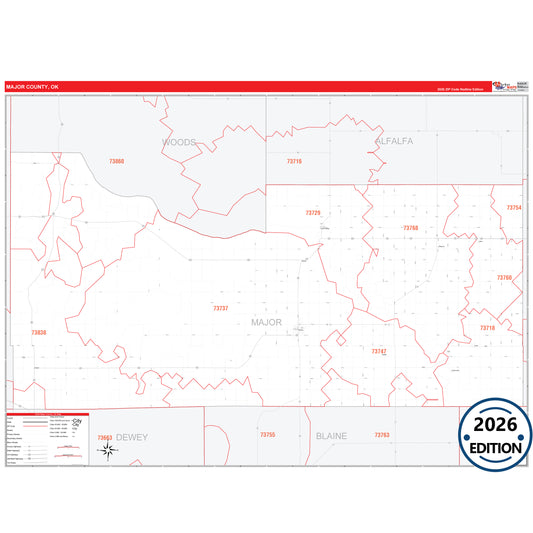 Major County, OK Red Line 5 Digit ZIP Code Wall Map