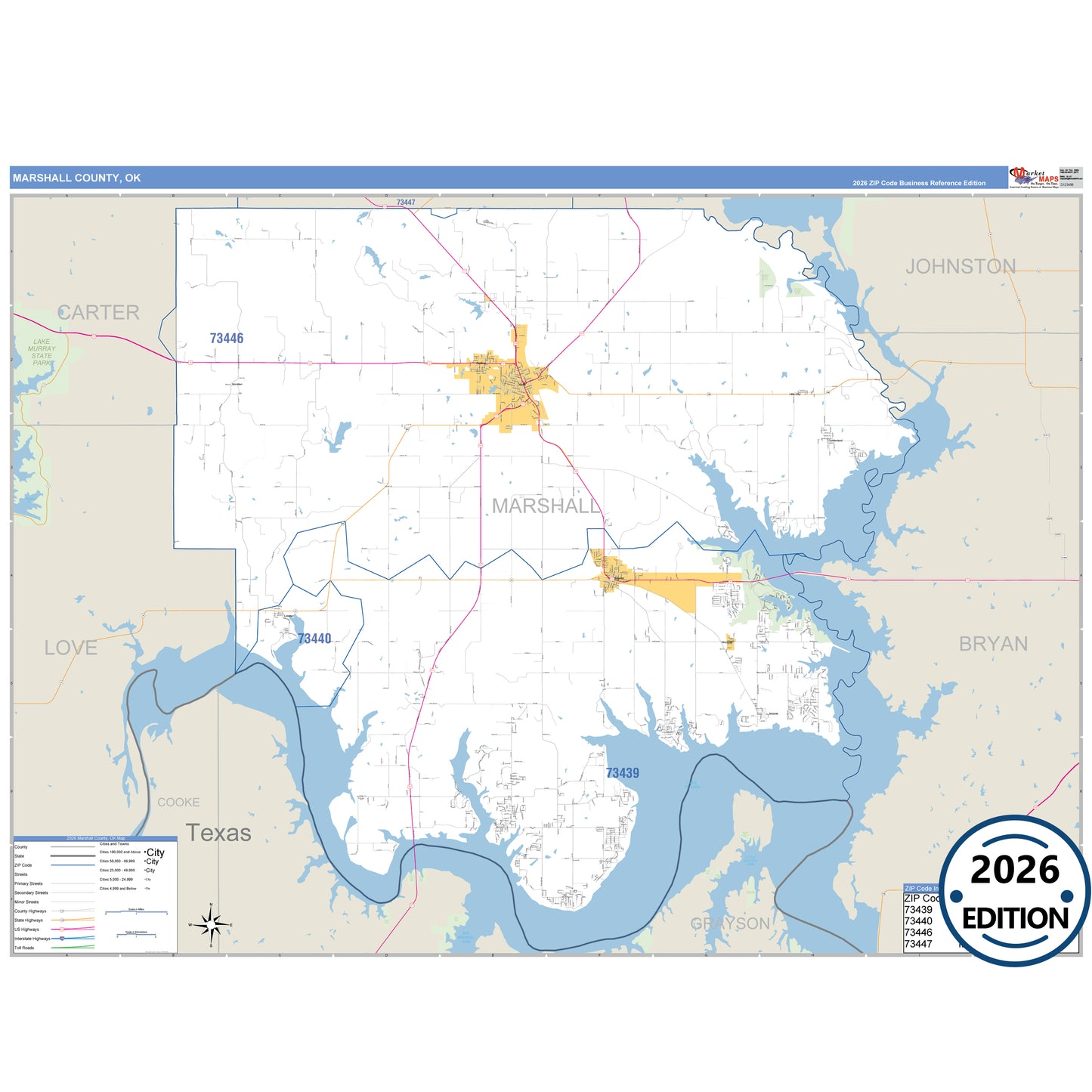 Marshall County, OK Business Reference 5 Digit ZIP Code Wall Map