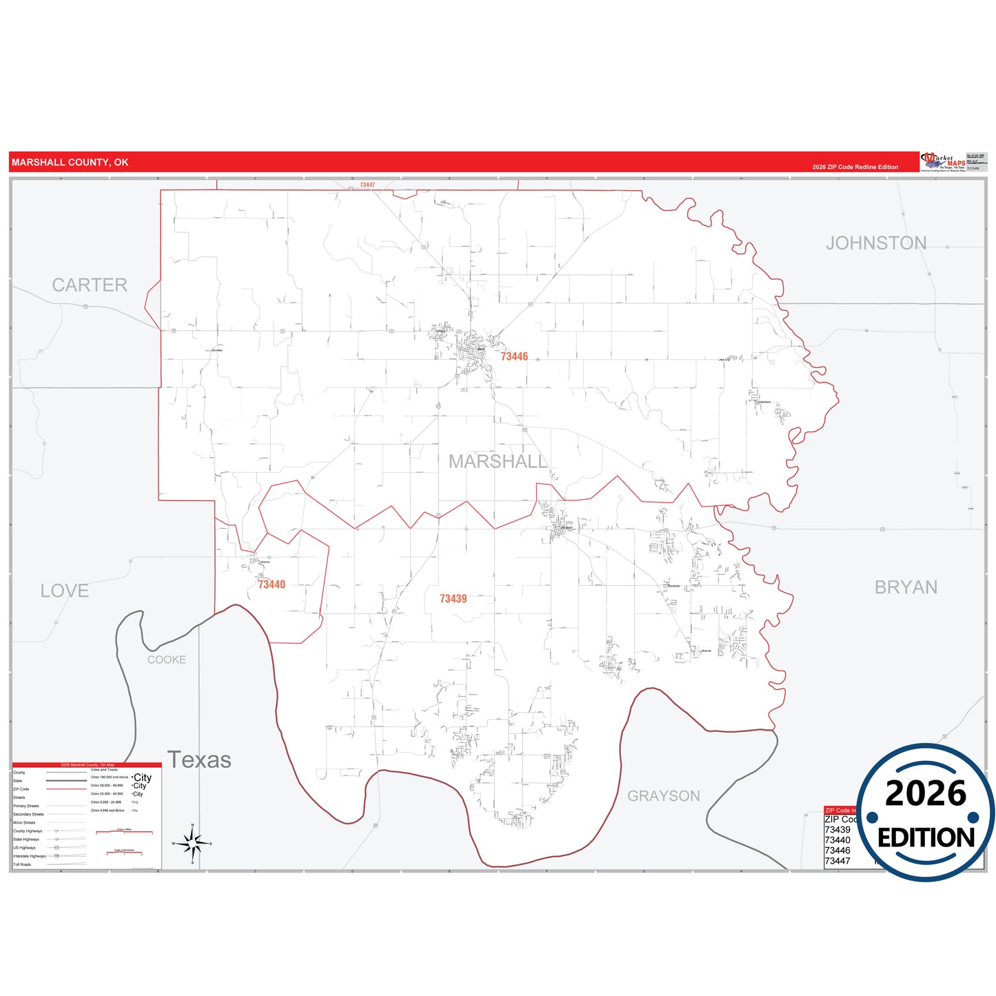 Marshall County, OK Red Line 5 Digit ZIP Code Wall Map