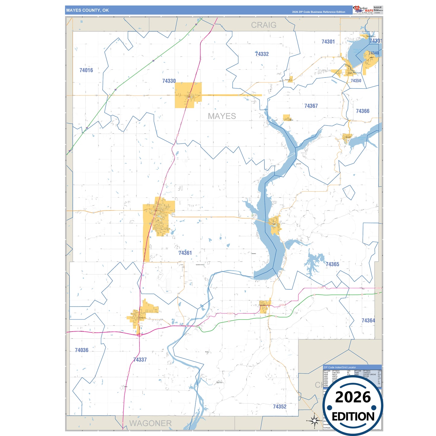 Mayes County, OK Business Reference 5 Digit ZIP Code Wall Map