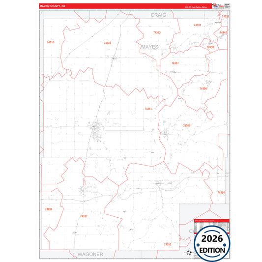 Mayes County, OK Red Line 5 Digit ZIP Code Wall Map
