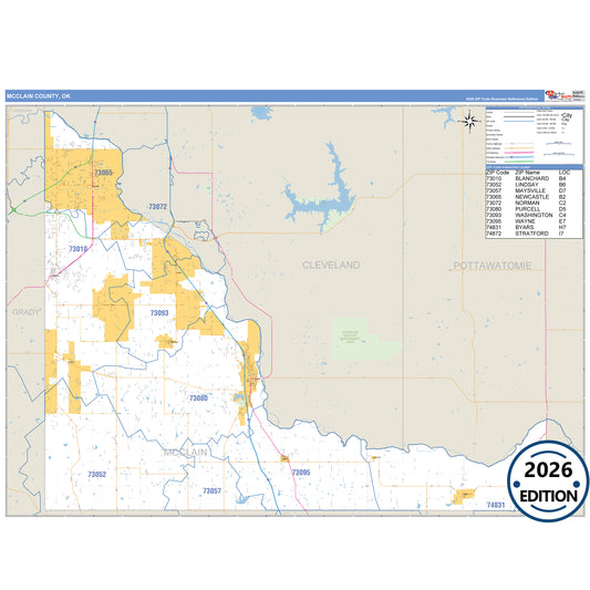 McClain County, OK Business Reference 5 Digit ZIP Code Wall Map