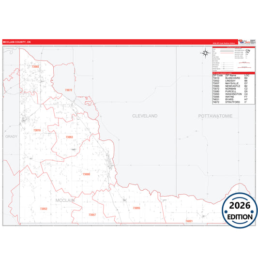 McClain County, OK Red Line 5 Digit ZIP Code Wall Map