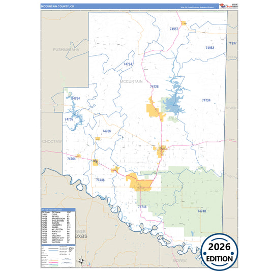 Mccurtain County, OK Business Reference 5 Digit ZIP Code Wall Map