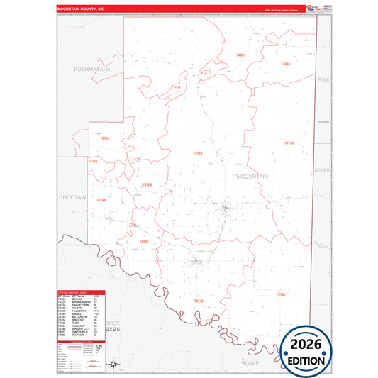 Mccurtain County, OK Red Line 5 Digit ZIP Code Wall Map